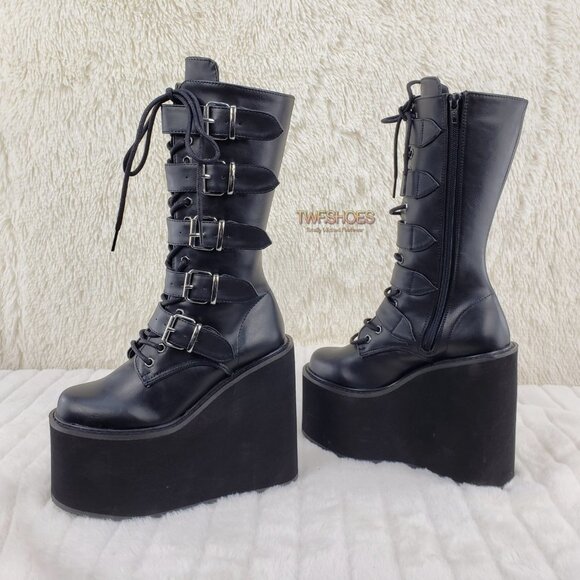 Swing 220 Multi Buckle Black Matte Leatherette Goth Mid-Calf Boot 5.5" Platforms - Picture 9 of 13